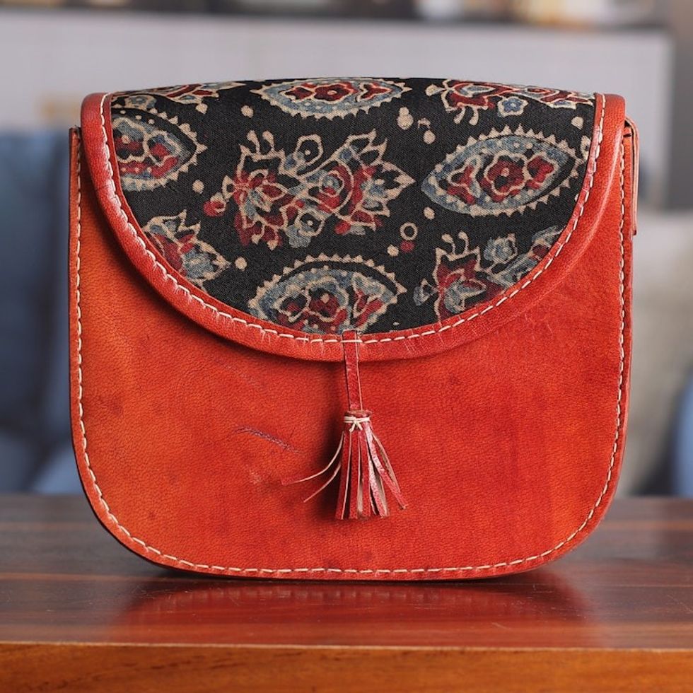 Textile-Accented Leather Sling Bag with Adjustable Strap 'Majestic Customs'