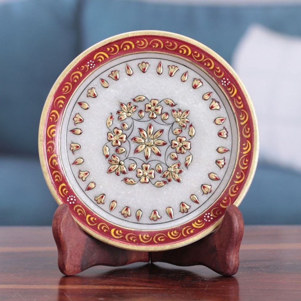 Handcrafted Floral Scarlet and White Marble Decorative Plate 'Triumph of the Scarlet Bloom'