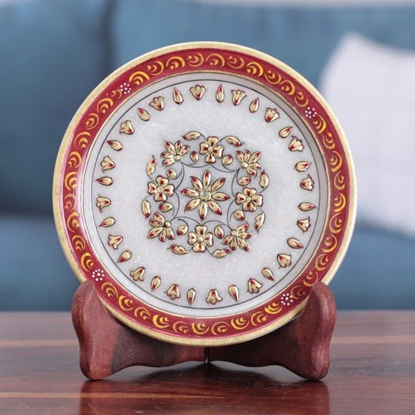Alternate image for Handcrafted Floral Scarlet and White Marble Decorative Plate Triumph of the Scarlet Bloom