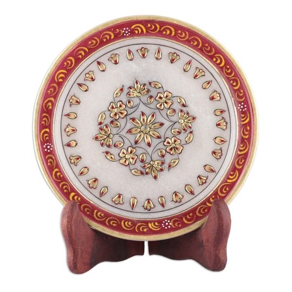 Alternate image for Handcrafted Floral Scarlet and White Marble Decorative Plate Triumph of the Scarlet Bloom