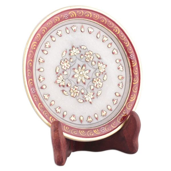 Alternate image for Handcrafted Floral Scarlet and White Marble Decorative Plate Triumph of the Scarlet Bloom
