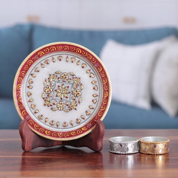 Alternate image for Handcrafted Floral Scarlet and White Marble Decorative Plate Triumph of the Scarlet Bloom
