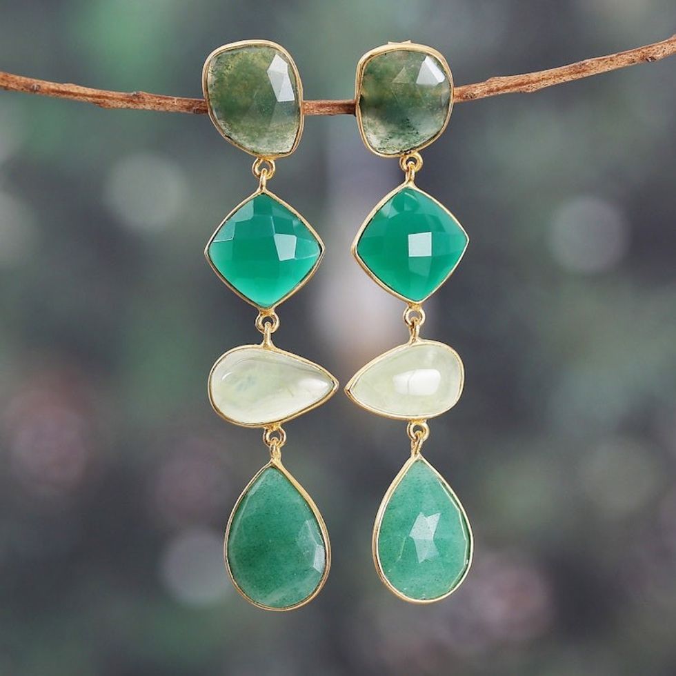 Gold-Plated Green 60-Carat Multi-Gemstone Dangle Earrings 'Green Quartet'