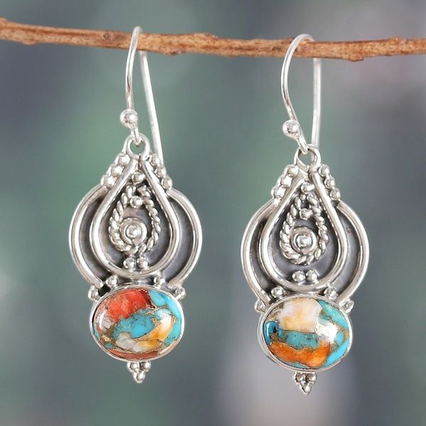 Alternate image for Traditional Composite Turquoise Dangle Earrings from India Regal Islands