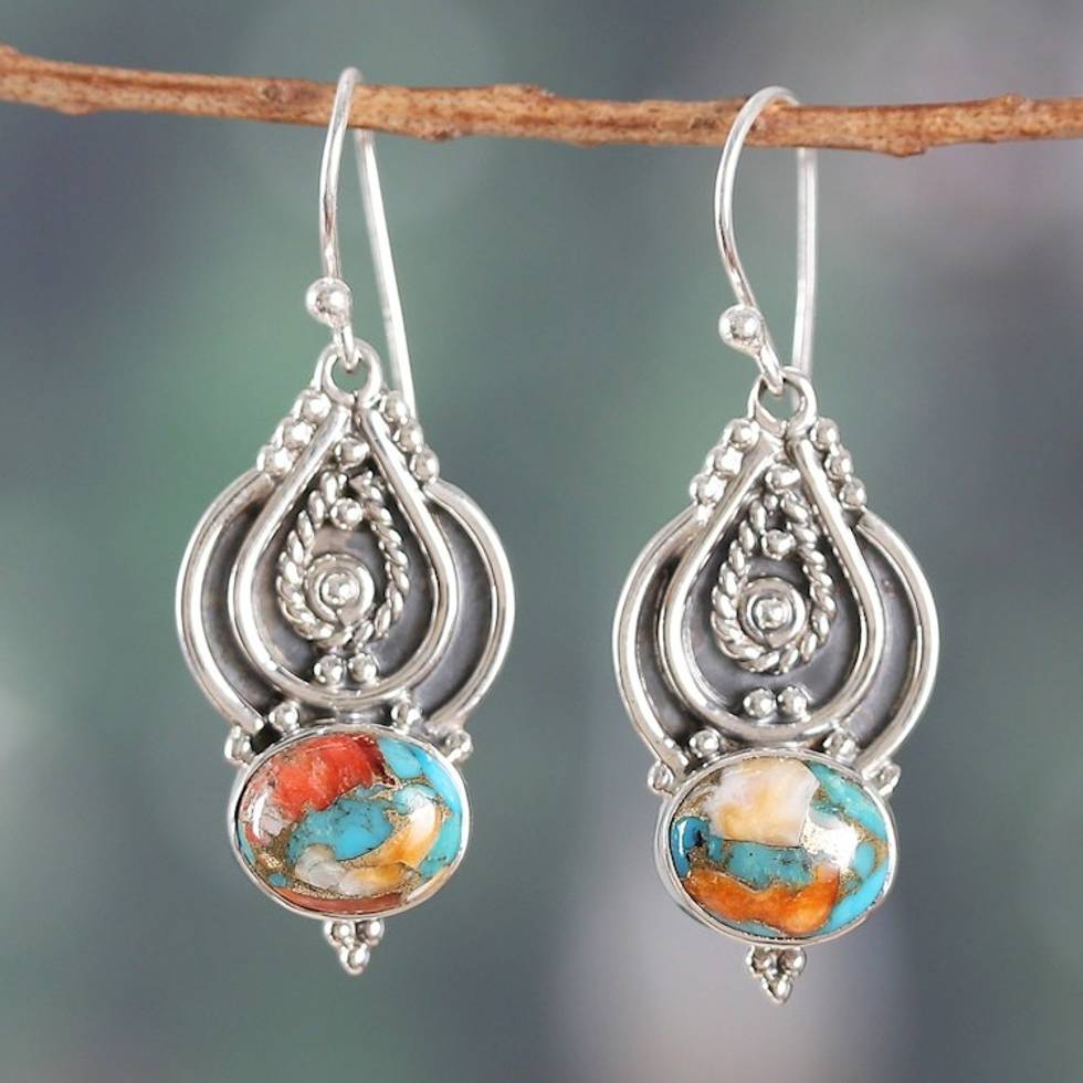 Traditional Composite Turquoise Dangle Earrings from India 'Regal Islands'