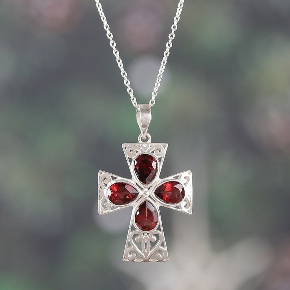 Jali Openwork Sterling Silver Garnet Cross Pendant Necklace 'Dazzling Cross'