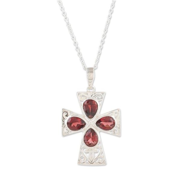 Alternate image for Jali Openwork Sterling Silver Garnet Cross Pendant Necklace Dazzling Cross