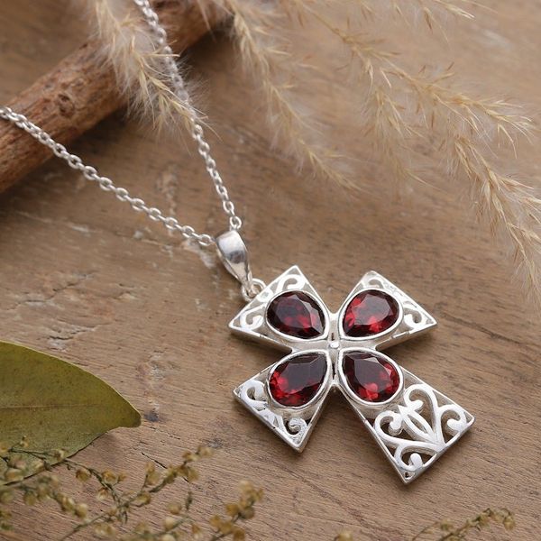 Alternate image for Jali Openwork Sterling Silver Garnet Cross Pendant Necklace Dazzling Cross