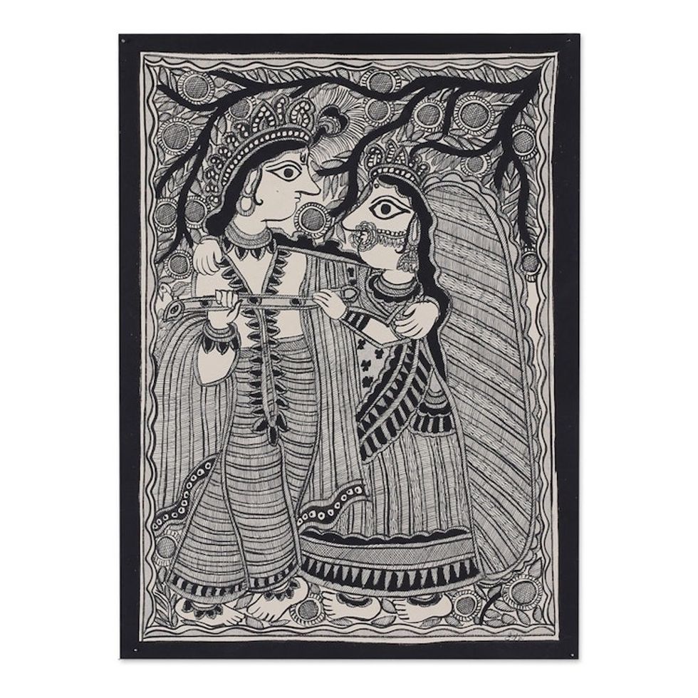 Madhubani Painting of Hindu Gods Krishna and Radha 'Radha and Krishna Saga'