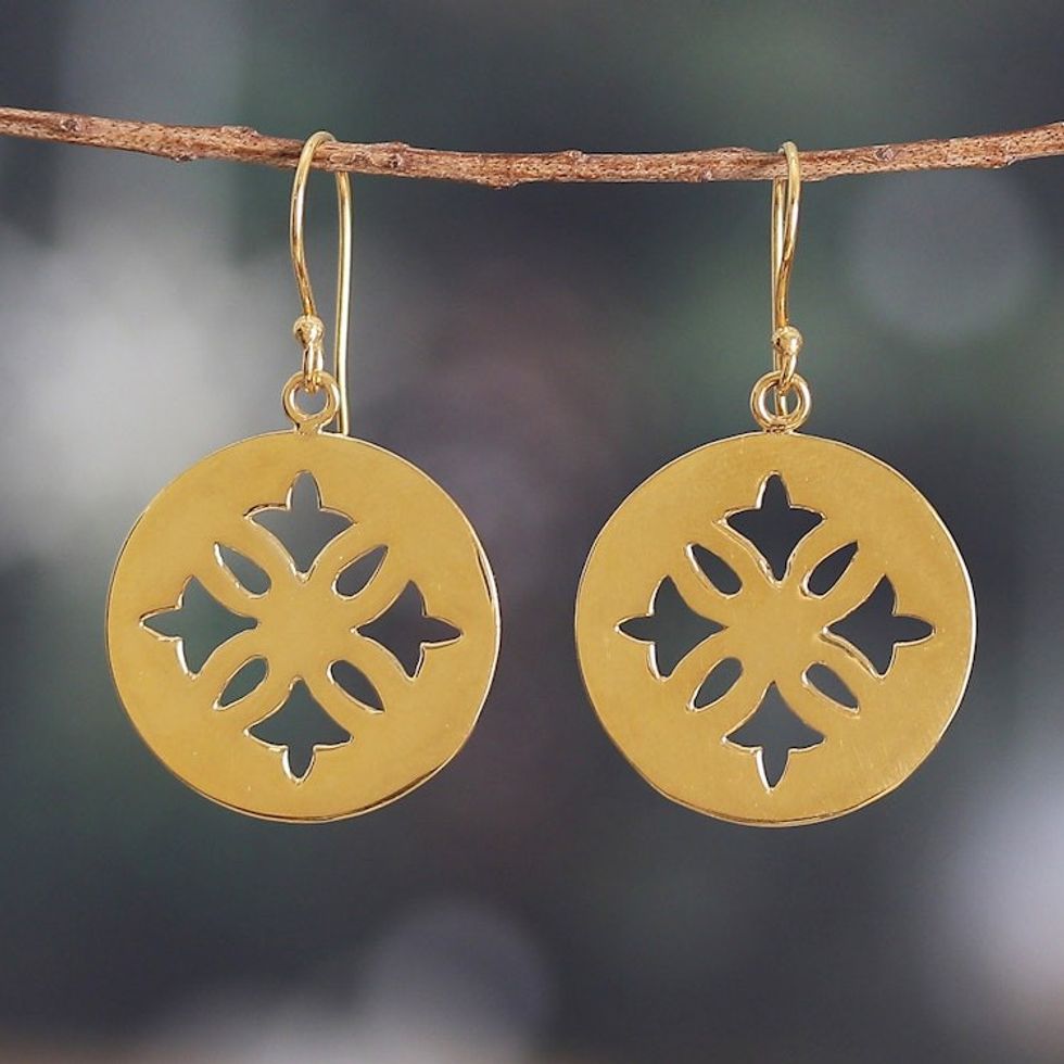 Floral High-Polished Round Brass Dangle Earrings from India 'Spring Seal'