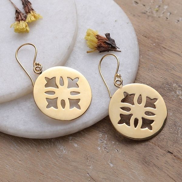 Alternate image for Floral High-Polished Round Brass Dangle Earrings from India Spring Seal