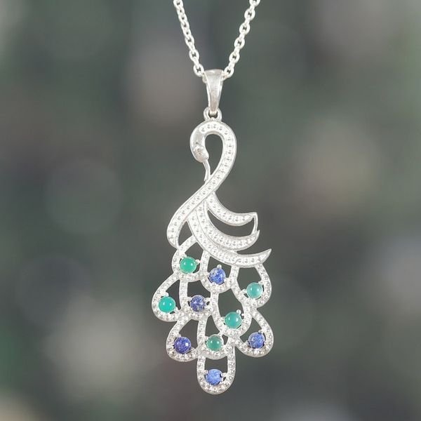 Alternate image for Onyx Lapis Lazuli Sterling Silver Peacock Pendant Necklace Sublime Peacock