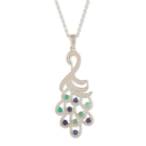 Alternate image for Onyx Lapis Lazuli Sterling Silver Peacock Pendant Necklace Sublime Peacock