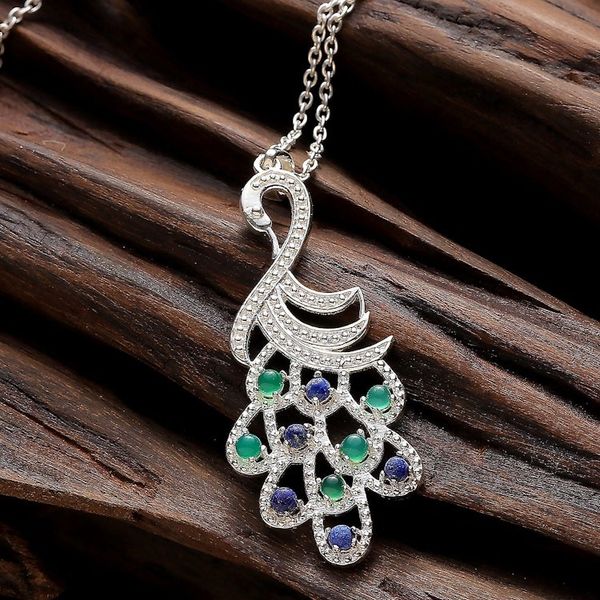 Alternate image for Onyx Lapis Lazuli Sterling Silver Peacock Pendant Necklace Sublime Peacock