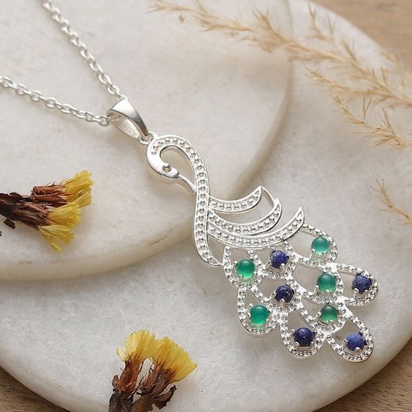 Alternate image for Onyx Lapis Lazuli Sterling Silver Peacock Pendant Necklace Sublime Peacock