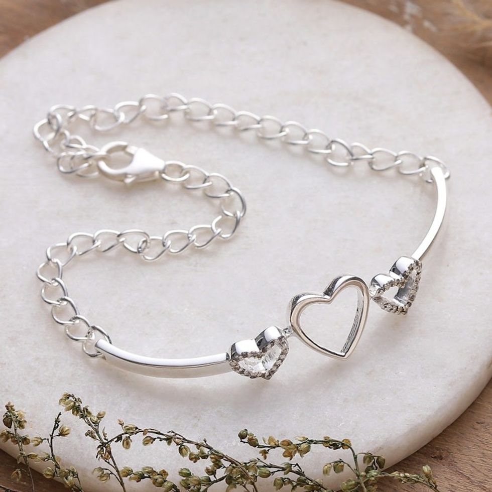 Heart-Themed Cubic Zirconia Sterling Silver Pendant Bracelet 'Shimmering Hearts'
