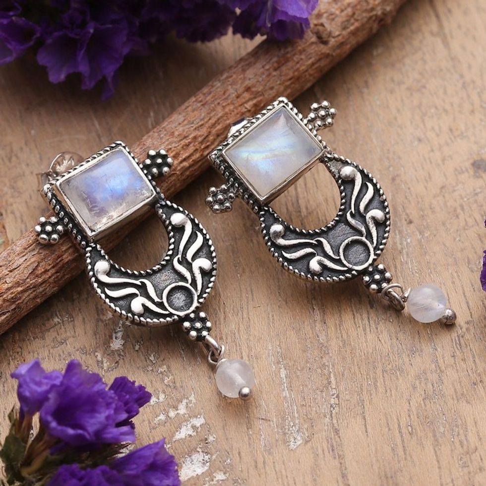 Polished Classic Natural Rainbow Moonstone Dangle Earrings 'Eternal Charm'