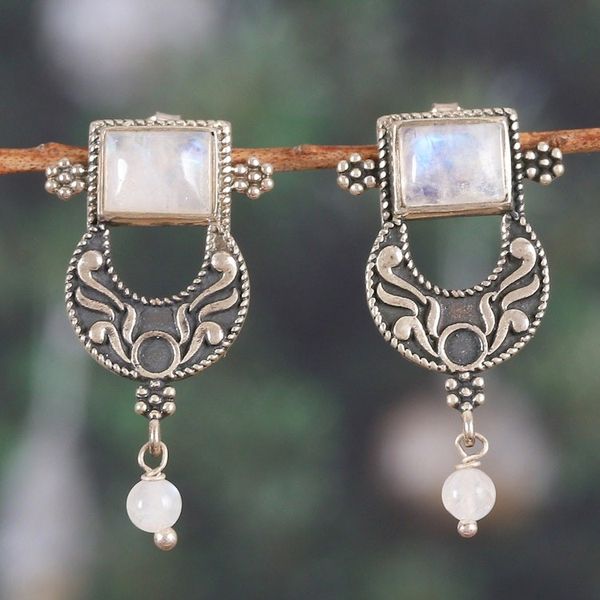 Alternate image for Polished Classic Natural Rainbow Moonstone Dangle Earrings Eternal Charm