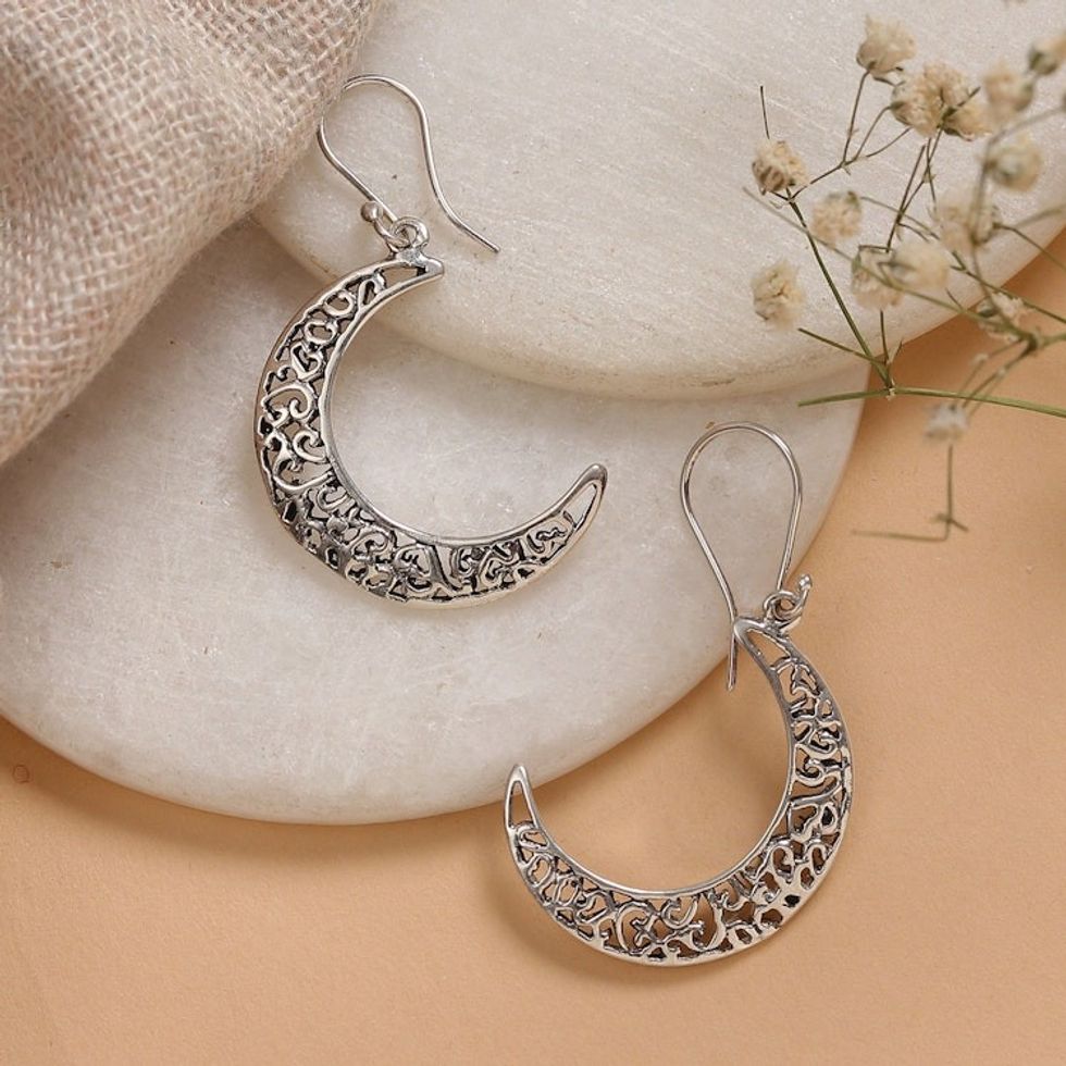Jali-Patterned Moon-Shaped Sterling Silver Dangle Earrings 'Crescent Jali Moon'