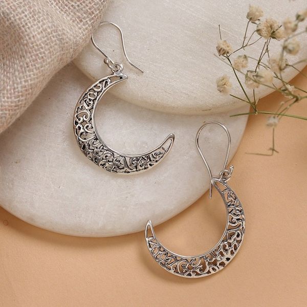 Alternate image for Jali-Patterned Moon-Shaped Sterling Silver Dangle Earrings Crescent Jali Moon