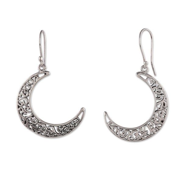 Alternate image for Jali-Patterned Moon-Shaped Sterling Silver Dangle Earrings Crescent Jali Moon