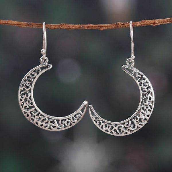 Alternate image for Jali-Patterned Moon-Shaped Sterling Silver Dangle Earrings Crescent Jali Moon