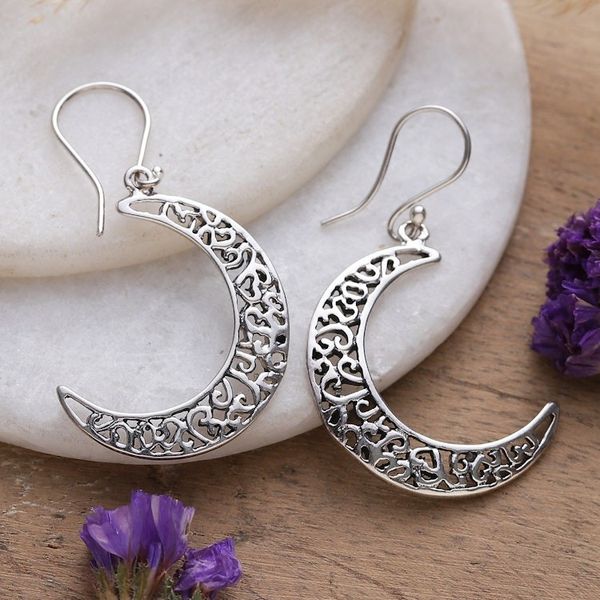 Alternate image for Jali-Patterned Moon-Shaped Sterling Silver Dangle Earrings Crescent Jali Moon