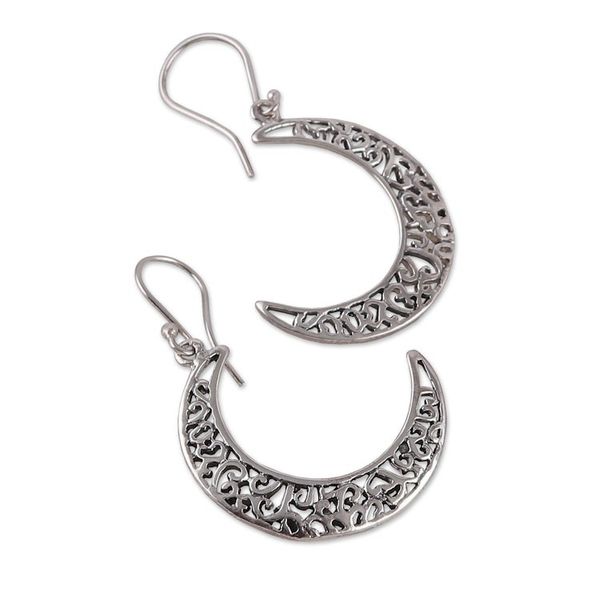 Alternate image for Jali-Patterned Moon-Shaped Sterling Silver Dangle Earrings Crescent Jali Moon