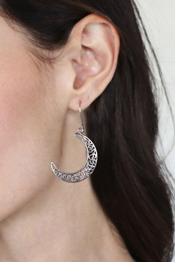 Alternate image for Jali-Patterned Moon-Shaped Sterling Silver Dangle Earrings Crescent Jali Moon