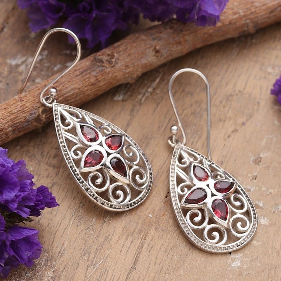 Floral Three-Carat Natural Garnet Dangle Earrings from India 'Queen of Passion'