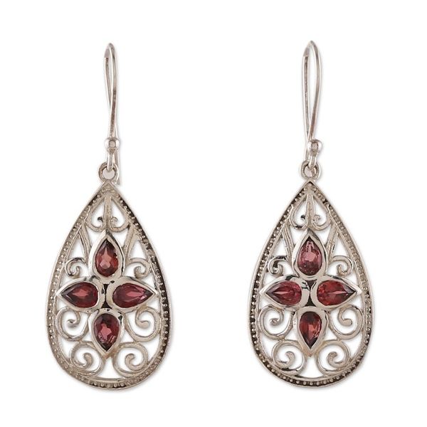 Alternate image for Floral Three-Carat Natural Garnet Dangle Earrings from India Queen of Passion