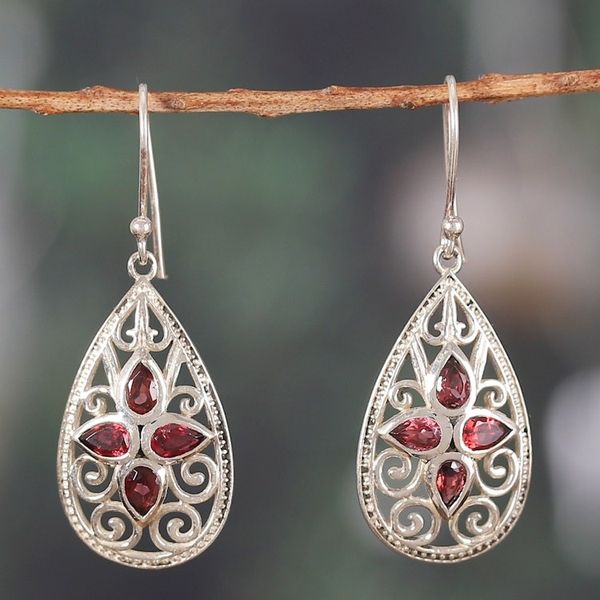 Alternate image for Floral Three-Carat Natural Garnet Dangle Earrings from India Queen of Passion