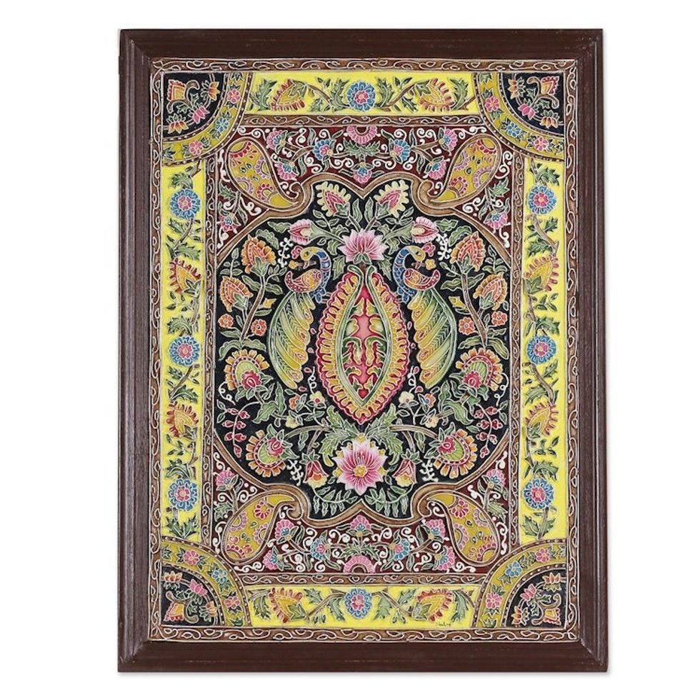 Traditional Floral Marble Dust Relief Wall Art from India 'Floral Fascination'