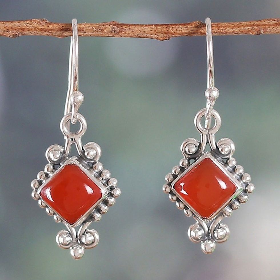 Polished Classic Carnelian Cabochon Dangle Earrings 'Fiery Dame'
