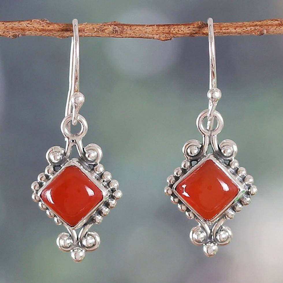 Polished Classic Carnelian Cabochon Dangle Earrings 'Fiery Dame'