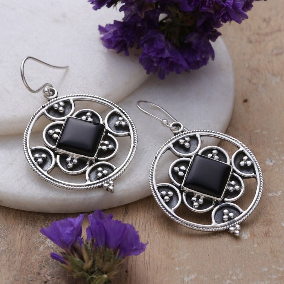 Sterling Silver and Onyx Cabochon Dangle Earrings from India 'Enigmatic Romance'