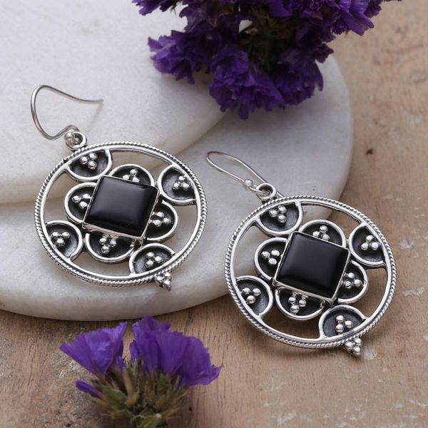 Alternate image for Sterling Silver and Onyx Cabochon Dangle Earrings from India Enigmatic Romance