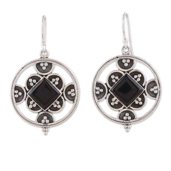 Alternate image for Sterling Silver and Onyx Cabochon Dangle Earrings from India Enigmatic Romance