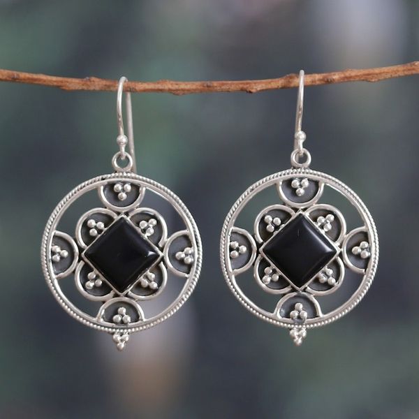 Alternate image for Sterling Silver and Onyx Cabochon Dangle Earrings from India Enigmatic Romance