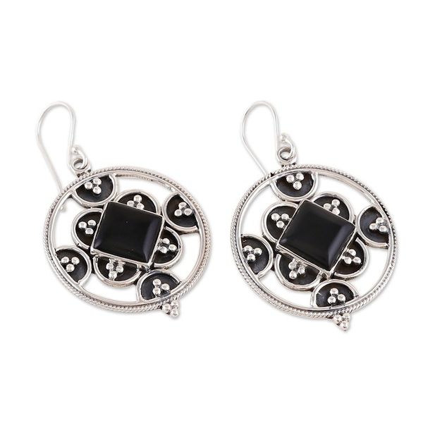 Alternate image for Sterling Silver and Onyx Cabochon Dangle Earrings from India Enigmatic Romance