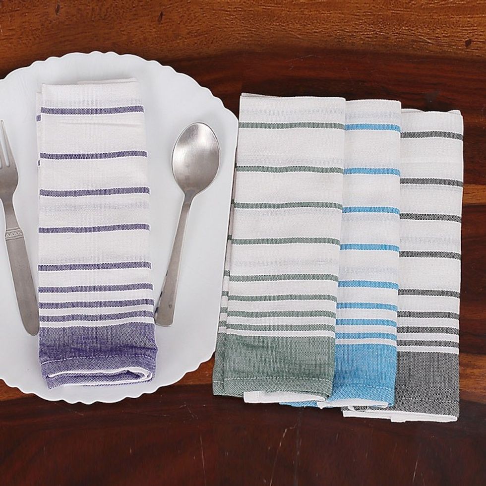 Set of 4 Handwoven Striped Cotton Napkins in Serene Hues 'Striped Meals'