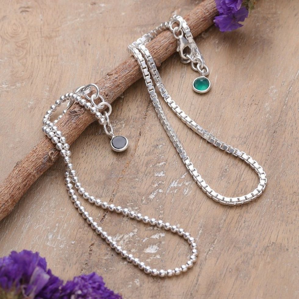 Pair of Sterling Silver Anklets with Green Onyx Charms 'Radiant Intellect'