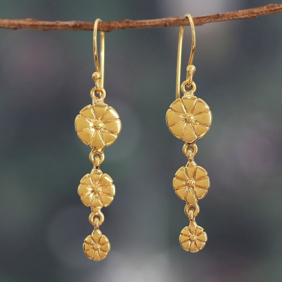 Floral High-Polished Brass Dangle Earrings from India 'Floral Victory'