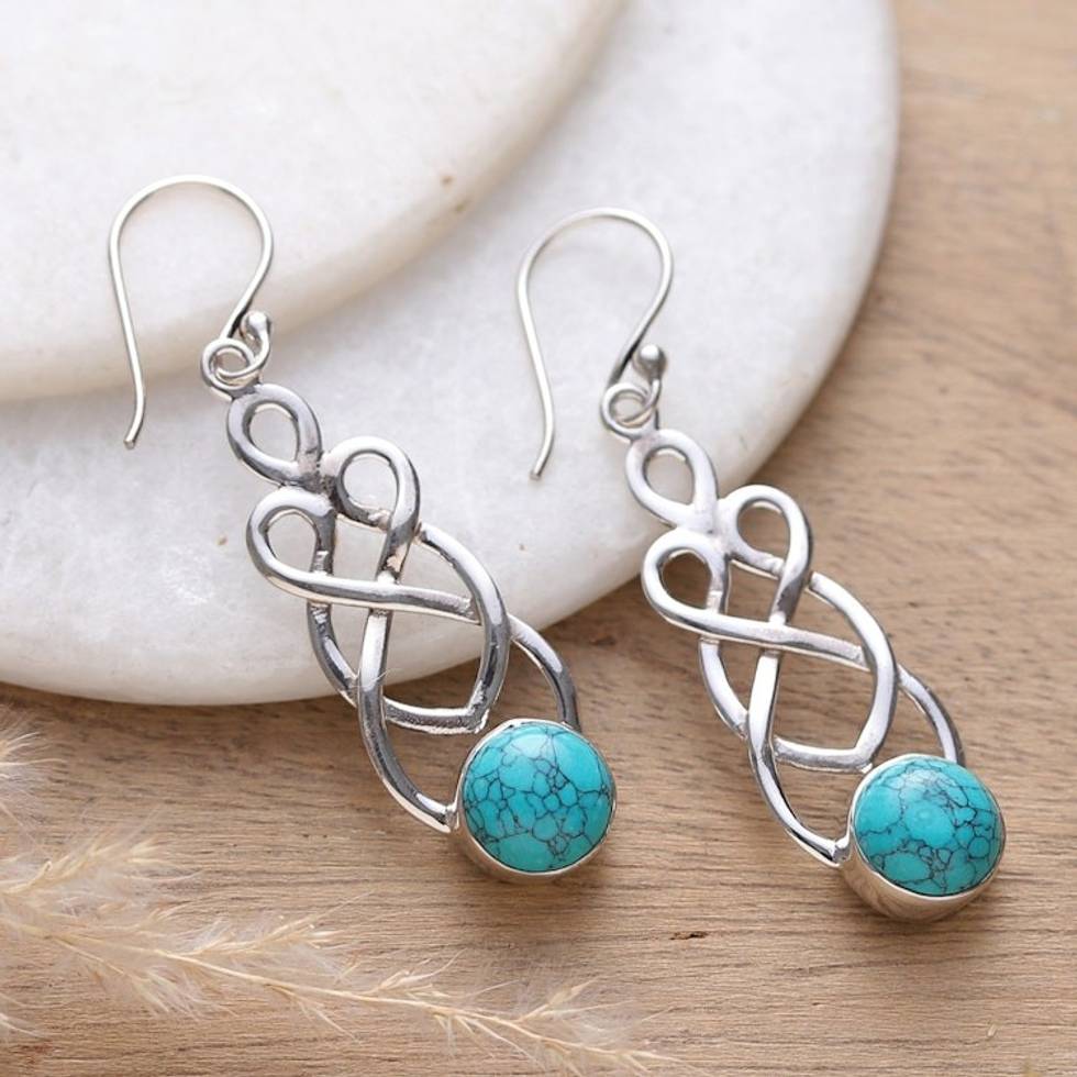 Polished Calcite Cabochon Dangle Earrings from India 'Intellectual Twists'