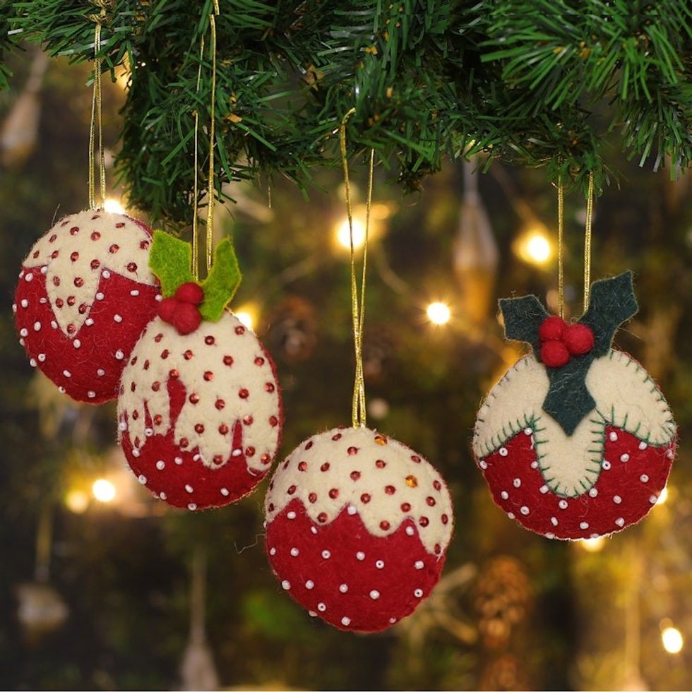 Set of 4 Strawberry-Themed Red and White Wool Felt Ornaments 'Christmas Strawberries'