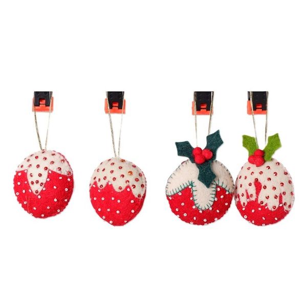 Alternate image for Set of 4 Strawberry-Themed Red and White Wool Felt Ornaments Christmas Strawberries