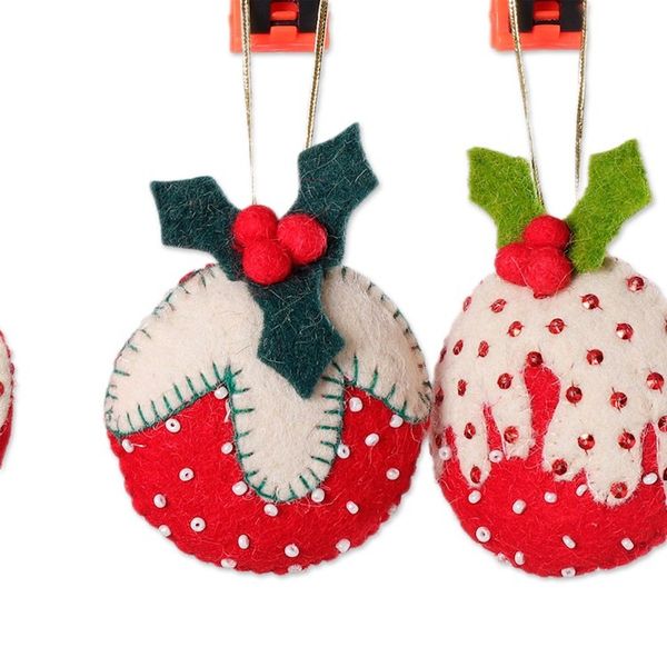 Alternate image for Set of 4 Strawberry-Themed Red and White Wool Felt Ornaments Christmas Strawberries
