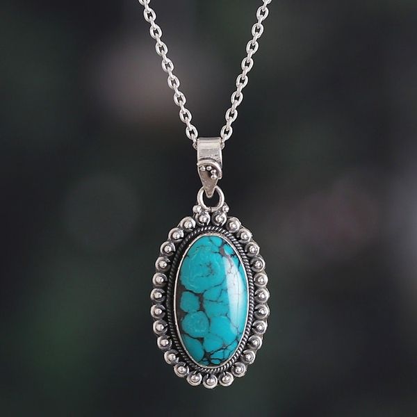 Alternate image for Silver Pendant Necklace with Reconstituted Turquoise Stone Regal Style