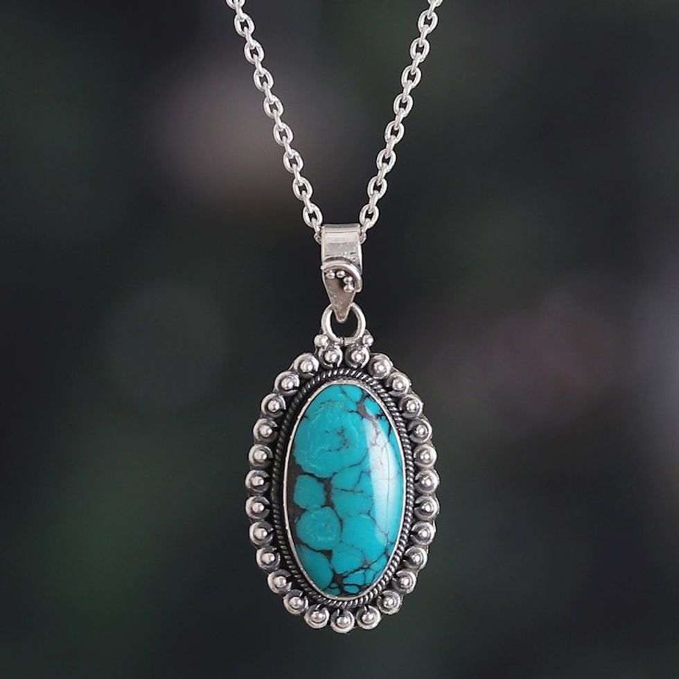 Silver Pendant Necklace with Reconstituted Turquoise Stone 'Regal Style'