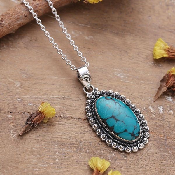 Alternate image for Silver Pendant Necklace with Reconstituted Turquoise Stone Regal Style